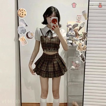 【台灣現貨】日系學院風 JK制服套裝 女夏季 假兩件 格紋襯衫 高腰百褶半身裙 兩件套 shirt 制服 高腰