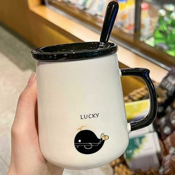 馬克杯帶蓋勺水杯男生咖啡家用子女情侶陶瓷杯早餐可愛創意高級感