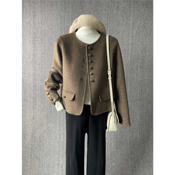 2024秋冬新款咖色小個子雙面羊絨大衣短款單排扣小香羊毛呢外套女