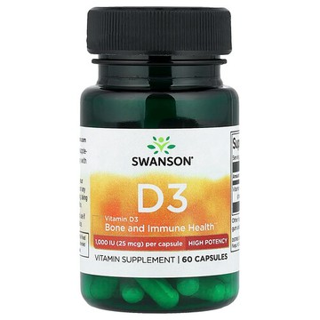 Swanson Vitamins, 維生素 D3，25 微克（1,000 國際單位），60 粒膠囊