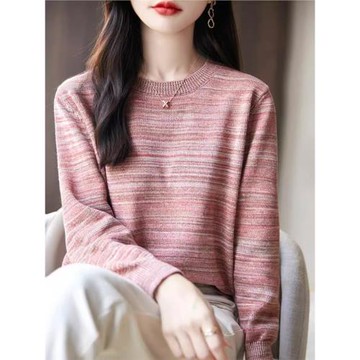 秋季純棉線加厚長袖針織打底衫女圓領毛衣韓版寬松內搭全棉線上衣