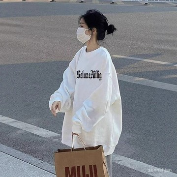 【台灣出貨】長袖帽t 衛衣女 卡通字母印花長袖上衣女 刷毛帽t 中長款 寬鬆上衣 顯瘦遮肉 內搭打底 潮牌秋冬上衣 女裝