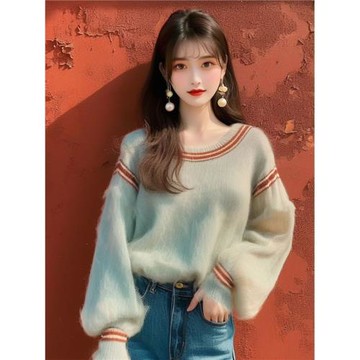 寬松韓系慵懶風毛衣高級新款溫柔長袖針織薄荷綠套頭上衣