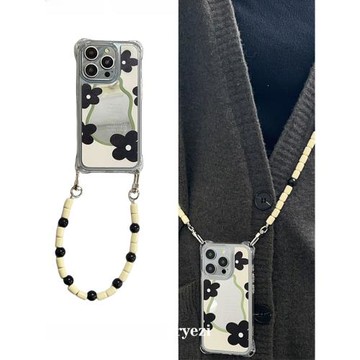 ins花朵鏡面iphone16手機殼掛繩斜挎可背適用于蘋果15promax四角開孔14背帶斜跨13手腕手提12pro小眾自拍對鏡