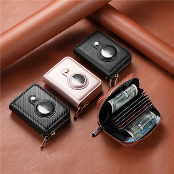 工廠直供適用蘋果Airtag定位器雙拉鏈錢包套碳纖紋PU皮革風琴卡包