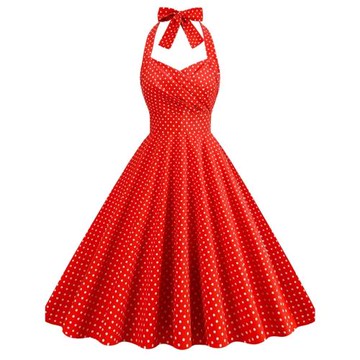 復古波點連衣裙顯瘦大擺綁帶掛脖