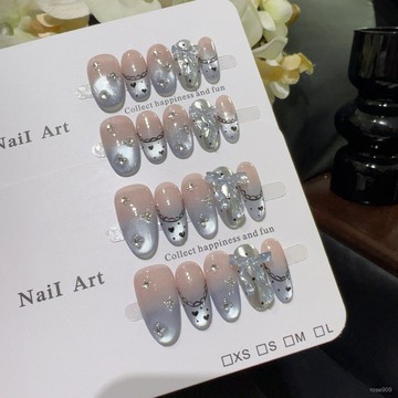 ➕最新設計款穿戴甲💅【霜月蕾絲】韓係ins風少女心蝴蝶結銀閃波點靈動愛心手作穿戴甲短橢圓穿戴甲 0JUF