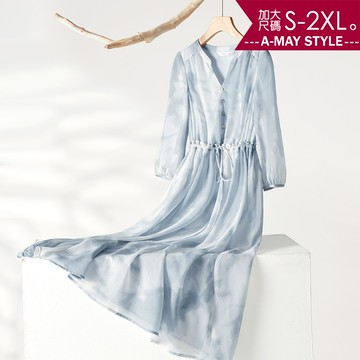 加大碼洋裝 設計感暈染雪紡顯瘦連身長洋裝(S-2XL)【XAM250369】＊艾美時尚(現+預)