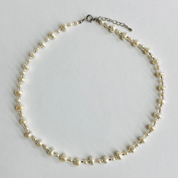 散珠與復古珠飾混搭項鍊A / 3mm / 約5x7mm / 全長約42cm+5cm / 米白雙色 / R / 日本製