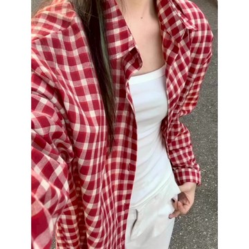 ROOLRREN 大碼 紅色格紋襯衫 長袖上衣 薄外套 oversize 寬鬆上衣 防曬上衣 襯衣 翻領外套 休閒外套