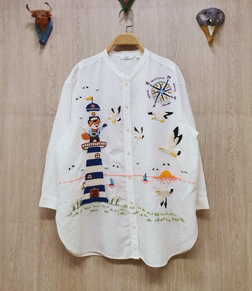 手工刺繡襯衫、亞麻、燈塔、狐狸、船、海洋、大海