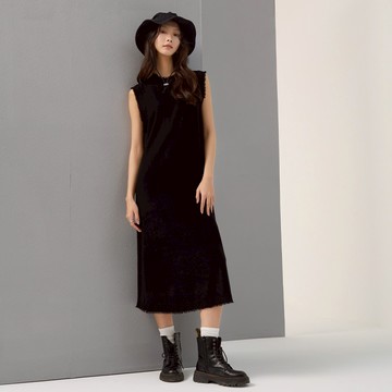 【ERSS】女裝 針織 針織長裙 背心長裙 針織背心 連身裙 抽鬚 針織背心長裙 黑色【K80028】