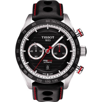 TISSOT 天梭 官方授權 PRS516 系列計時機械皮帶腕錶 母親節送禮首選-黑x紅針/45mm T1004271605100