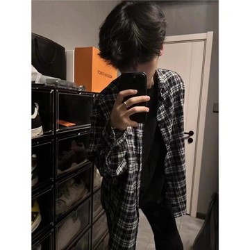 美式復古格子襯衫男春秋款格子衫高級感長袖襯衣潮牌日系秋季外套