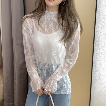 La Belleza立領鬆緊柔軟蕾絲鏤空玫瑰花透視感彈性蕾絲內搭衣