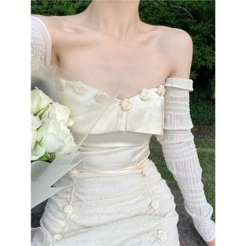 sorozien芍子原創法式一字肩袖套抹胸上衣女修身顯瘦獨特設計感