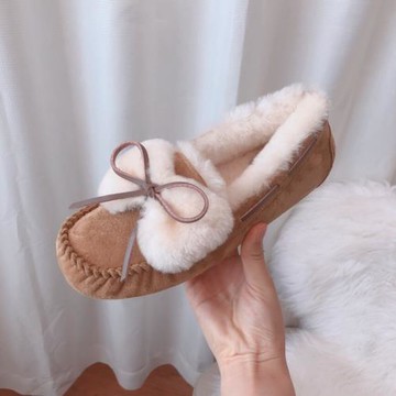 皮毛一體豆豆鞋女冬加絨2025年新款毛毛蝴蝶結棉鞋外穿羊毛雪地靴