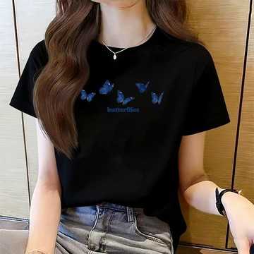 【現貨！臺灣發貨】100%純棉短袖 重磅T恤 大尺碼女裝上衣 蝴蝶印花t恤 設計感流行衣服 女生短袖上衣 純棉t恤上衣