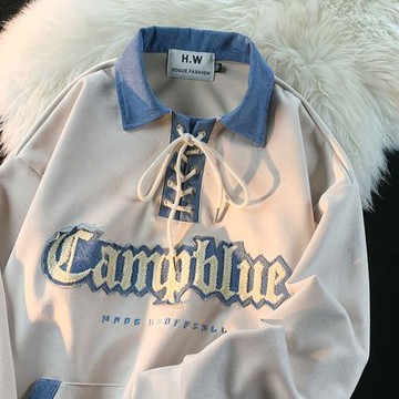 逃離地球日系復古綁帶撞色POLO領衛衣女潮牌寬松情侶百搭長袖上衣