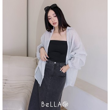 【入秋新品】BeLLA 澎袖透透條紋襯衫 白色