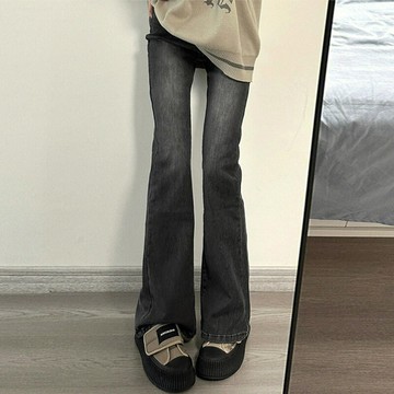 美式牛仔微喇長褲女春季款黑灰馬蹄時尚高腰彈力直筒拖地喇叭褲子鑫弘-素時衣櫥