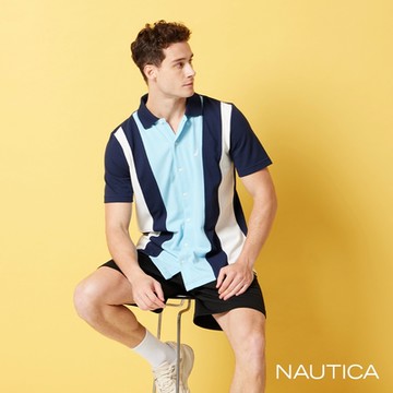 Nautica男裝 直條紋撞色拼接濕排汗短袖POLO衫-藍色