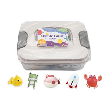 OhBabyLaugh 洗澡發條戲水玩具 D組 5件組 (含收納盒)  黃色小鴨 + 綠色青蛙 + 粉色潛水艇 + 火箭 + 粉色螃蟹  1組