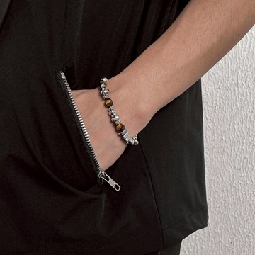切面虎眼石碎鋼手鍊 拼接手鏈 串珠手鍊 男生手鍊 手鏈男 男生飾品 金屬飾品 鈦鋼飾品 United Freak 452