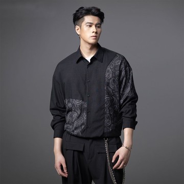 秋季印花拼接長袖襯衫 男士休閑黑色襯衣