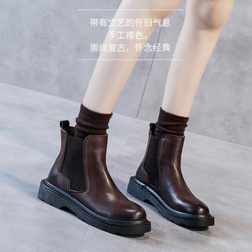 切爾西短靴女2024新款平底馬丁靴加絨真皮靴休閑平底套腳厚底鞋