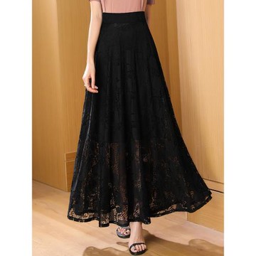 黑色蕾絲半身裙長裙女2025春秋新款氣質鏤空垂感大碼垂感大擺裙子