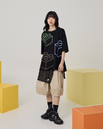 積木線條後簍空假兩件純棉T恤(兩色)