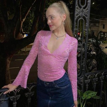 休閑時尚修身型純色透視款打底衫街頭性感INS深V百搭喇叭長袖上衣