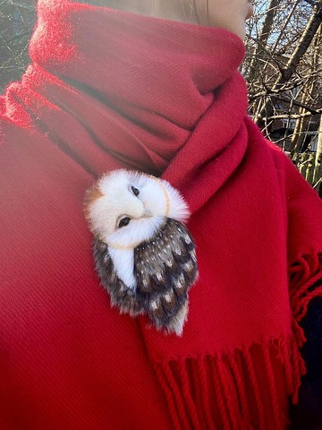 可爱的猫头鹰胸针大衣和围巾。 一个大的手工羊毛猫头鹰胸针。