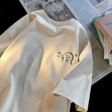 簡約小恐龍短袖新款男女夏季情侶寬鬆ins學生百搭T恤重磅圓領港風