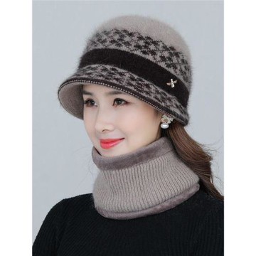 秋冬天中老年人帽子女保暖兔毛線帽媽媽針織帽加絨加厚老太太盆帽