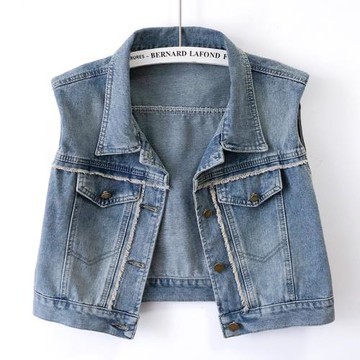 時尚墊肩毛邊牛仔馬甲女短款背心2025春秋無袖寬松休閑小外搭坎肩