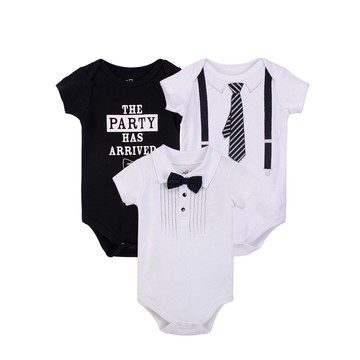 美國 Luvable Friends - 100%純棉嬰幼兒短袖包屁衣3件組-吊帶褲