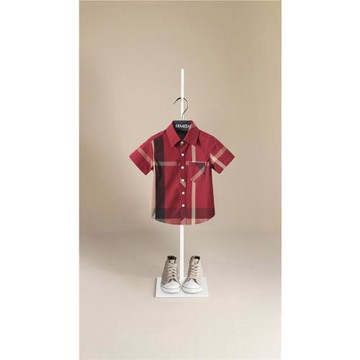 童裝男童短袖襯衫上衣夏裝女兒童兄妹裝英倫風寶寶酒紅格子襯衣夏