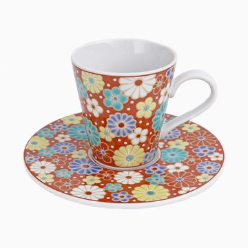 【九谷燒】青郊窯緣起小馬克杯盤組-梅菊文