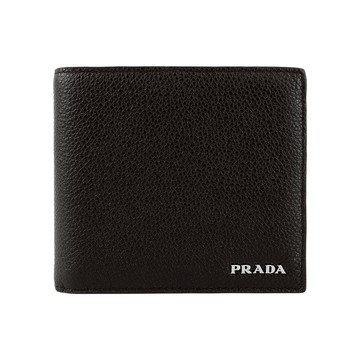 [平輸]PRADA 銀字Logo 粒紋皮革對開多卡短夾(黑色)