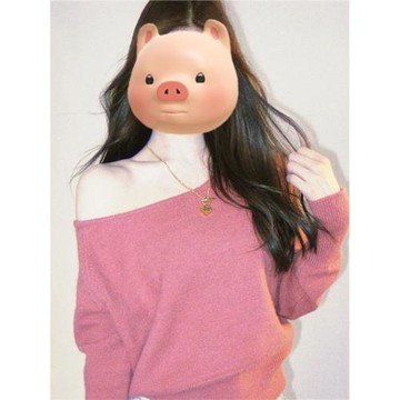 粉色不規則斜肩毛衣女款2025新款秋冬收腰露肩內搭針織打底衫上衣