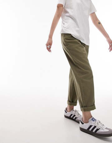 Topshop Petite button tab peg trouser in khaki-Green
