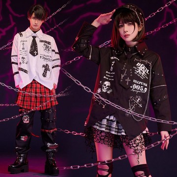 原創龐克英倫樂團風亡靈序曲項鍊領帶十字架中性長袖襯衫JJ2563