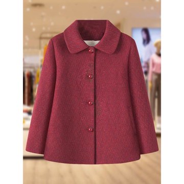 奶奶秋冬外套女水貂絨毛呢大衣60歲70媽媽中老年婆婆加絨紅色上衣