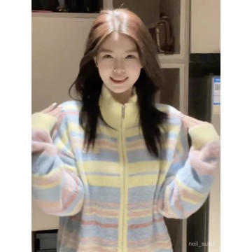 P3-【免費參觀】開衫針織毛衣 毛衣女 針織外套 奶fufu毛衣彩色高領開衫毛衣女春秋款oversize超好看甜美針織外