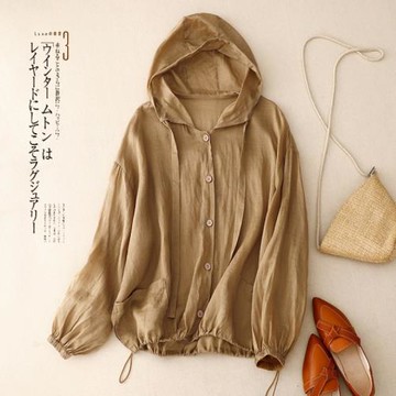 5色 文藝寬松休閑連帽防曬衣沙灘衫空調衫女法式抽繩薄款長袖外套