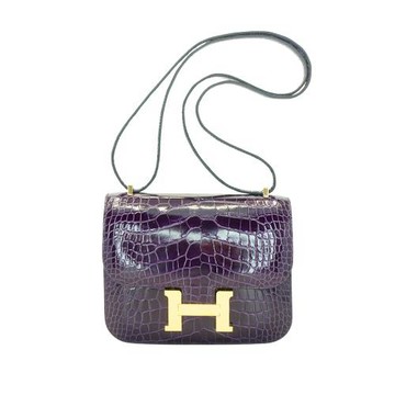 二手品 Hermes Constance 18 紫水晶亮面鱷魚皮肩背包(9G紫/金釦)