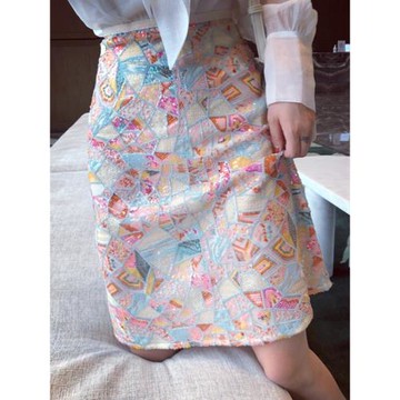 粉藍色幾何亮片裙小眾繡花一步包臀短裙女春夏重磅金片刺繡半身裙