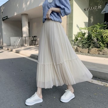 La Belleza素色兩面穿鬆緊腰百摺拼接珠釘雪紡紗裙壓折大擺裙